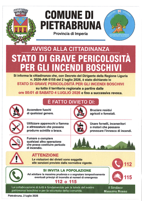 Stato di grave pericolosità per gli incendi boschivi - Avviso alla cittadinanza